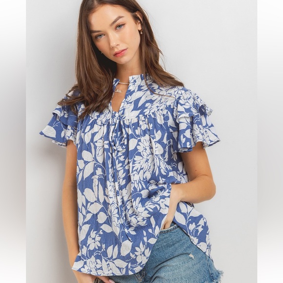 09 Boho Leaf Print Ruffle Sleeve Blouse Top - Picture 2 of 7